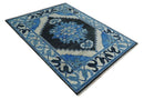 Wool Area Rug Blue Black and Ivory Hand Knotted Heriz Serapi by The Rug Decor