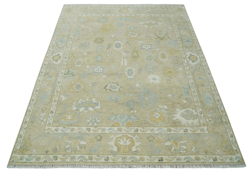 Hand Knotted Antique Finish Beige and Ivory Traditional 9x12 Wool Rug