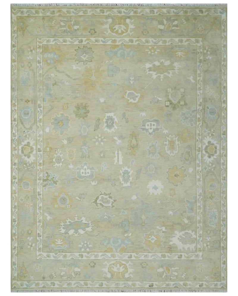 Hand Knotted Antique Finish Beige and Ivory Traditional 9x12 Wool Rug