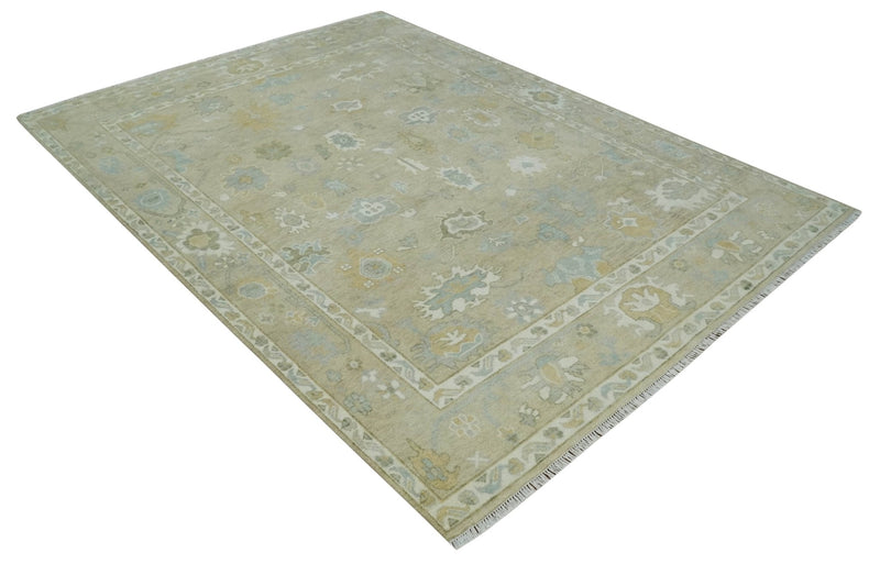 Hand Knotted Antique Finish Beige and Ivory Traditional 9x12 Wool Rug