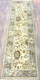 Runner 2.7x12 Oushak Beige And Blue Hand Knotted Wool Rug by The Rug Decor