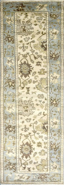 Runner 2.7x12 Oushak Beige And Blue Hand Knotted Wool Rug by The Rug Decor