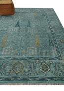 Hand Knotted Turkish Wool Area Rug in Teal and Beige with Traditional Tree of Life