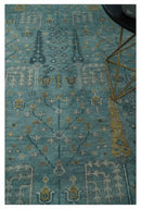 Hand Knotted Turkish Wool Area Rug in Teal and Beige with Traditional Tree of Life