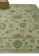 Hand Knotted Beige And Blue Traditional Oushak Design 9x11 Wool Area Rug
