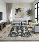 Hand Knotted Oushak Wool Rug Traditional Black Beige Silver 8x10