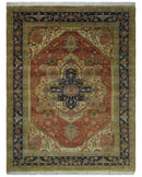 Hand Knotted Black, Rust and Beige 9x12 Traditional Heriz Serapi Wool Area Rug
