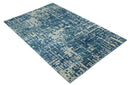 Hand Knotted Blue and Beige Modern Abstract Contemporary Recycled Art Silk Area Rug