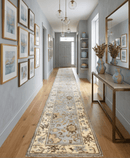 Blue and Beige Traditional Oushak Hand Knotted Wool Runner Rug 2.7x25.2