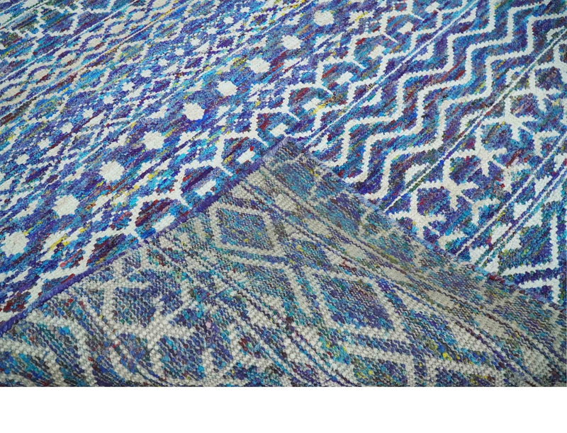 Hand Knotted Blue and Ivory 5.6x8.5 Modern Contemporary Southwestern Tribal Trellis Recycled Art Silk Area Rug