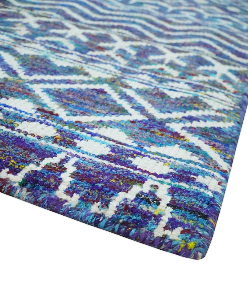 Hand Knotted Blue and Ivory 5.6x8.5 Modern Contemporary Southwestern Tribal Trellis Recycled Art Silk Area Rug