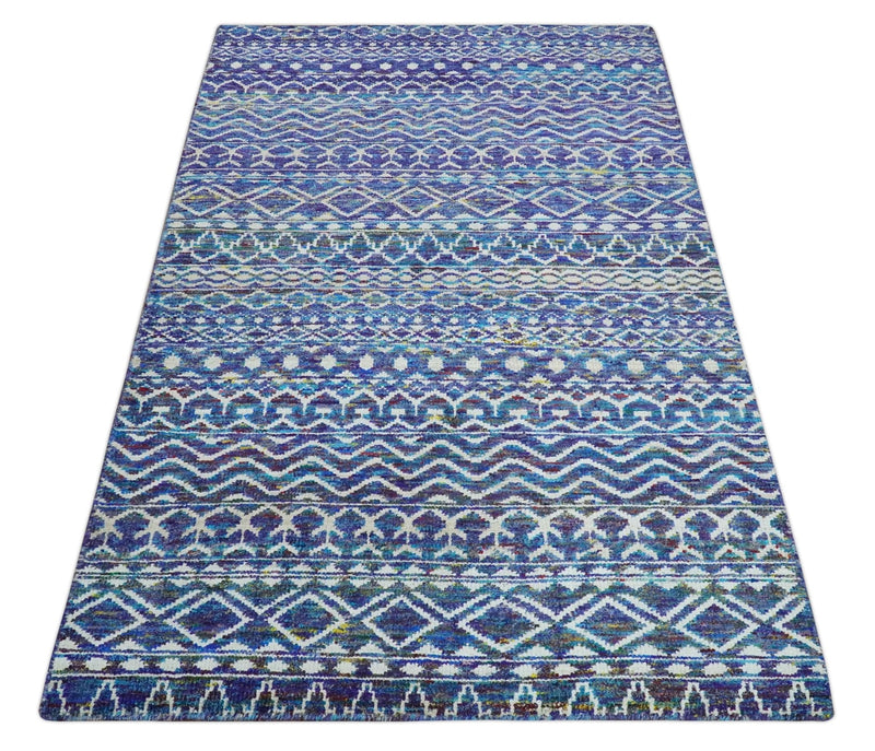 Hand Knotted Blue and Ivory 5.6x8.5 Modern Contemporary Southwestern Tribal Trellis Recycled Art Silk Area Rug