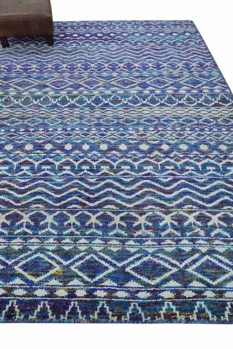 Hand Knotted Blue and Ivory 5.6x8.5 Modern Contemporary Southwestern Tribal Trellis Recycled Art Silk Area Rug