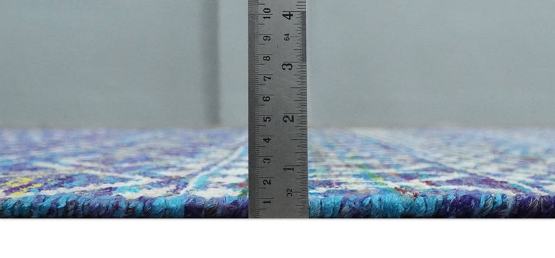 Hand Knotted Blue and Ivory 5.6x8.5 Modern Contemporary Southwestern Tribal Trellis Recycled Art Silk Area Rug