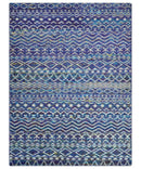 Hand Knotted Blue and Ivory 5.6x8.5 Modern Contemporary Southwestern Tribal Trellis Recycled Art Silk Area Rug