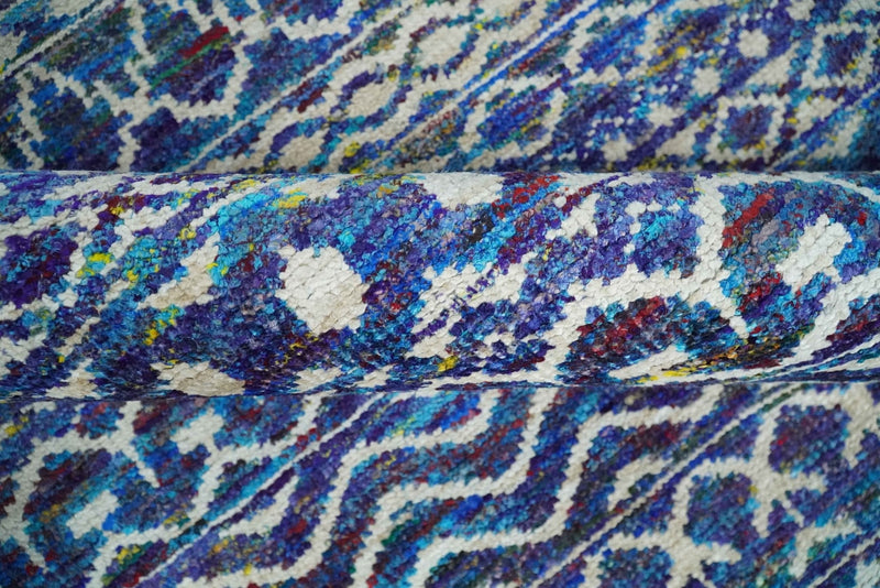 Hand Knotted Blue and Ivory 5.6x8.5 Modern Contemporary Southwestern Tribal Trellis Recycled Art Silk Area Rug