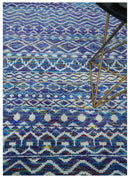 Hand Knotted Blue and Ivory 5.6x8.5 Modern Contemporary Southwestern Tribal Trellis Recycled Art Silk Area Rug