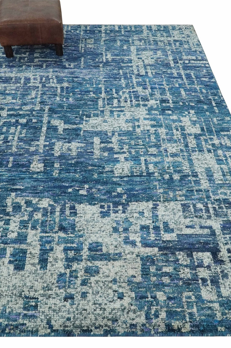 Hand Knotted Blue and Ivory Modern Abstract Contemporary Recycled Silk Area Rug