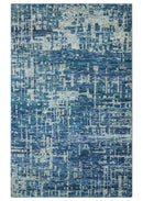 Hand Knotted Blue and Ivory Modern Abstract Contemporary Recycled Silk Area Rug