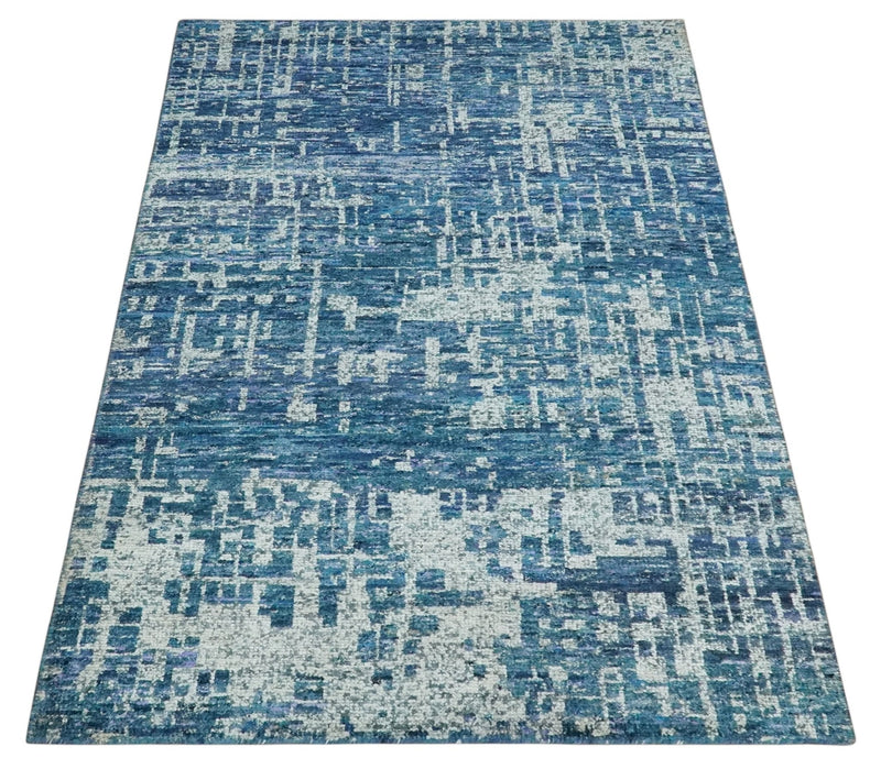 Hand Knotted Blue and Ivory Modern Abstract Contemporary Recycled Silk Area Rug