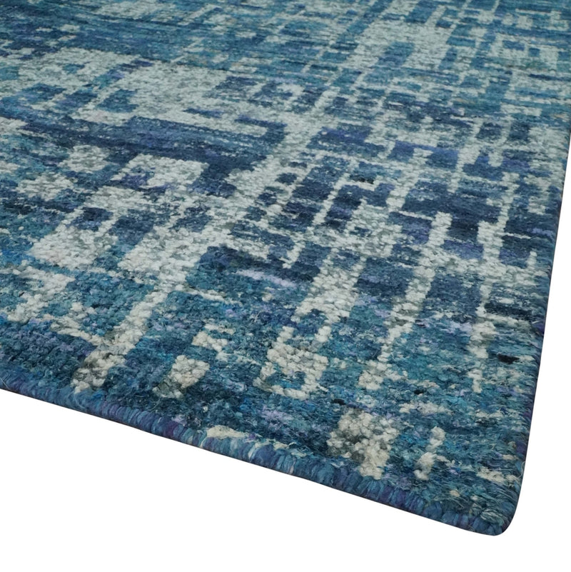 Hand Knotted Blue and Ivory Modern Abstract Contemporary Recycled Silk Area Rug