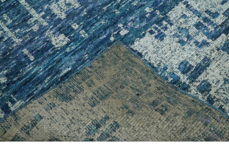 Hand Knotted Blue and Ivory Modern Abstract Contemporary Recycled Silk Area Rug