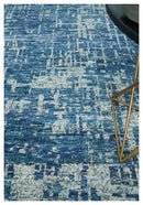 Hand Knotted Blue and Ivory Modern Abstract Contemporary Recycled Silk Area Rug