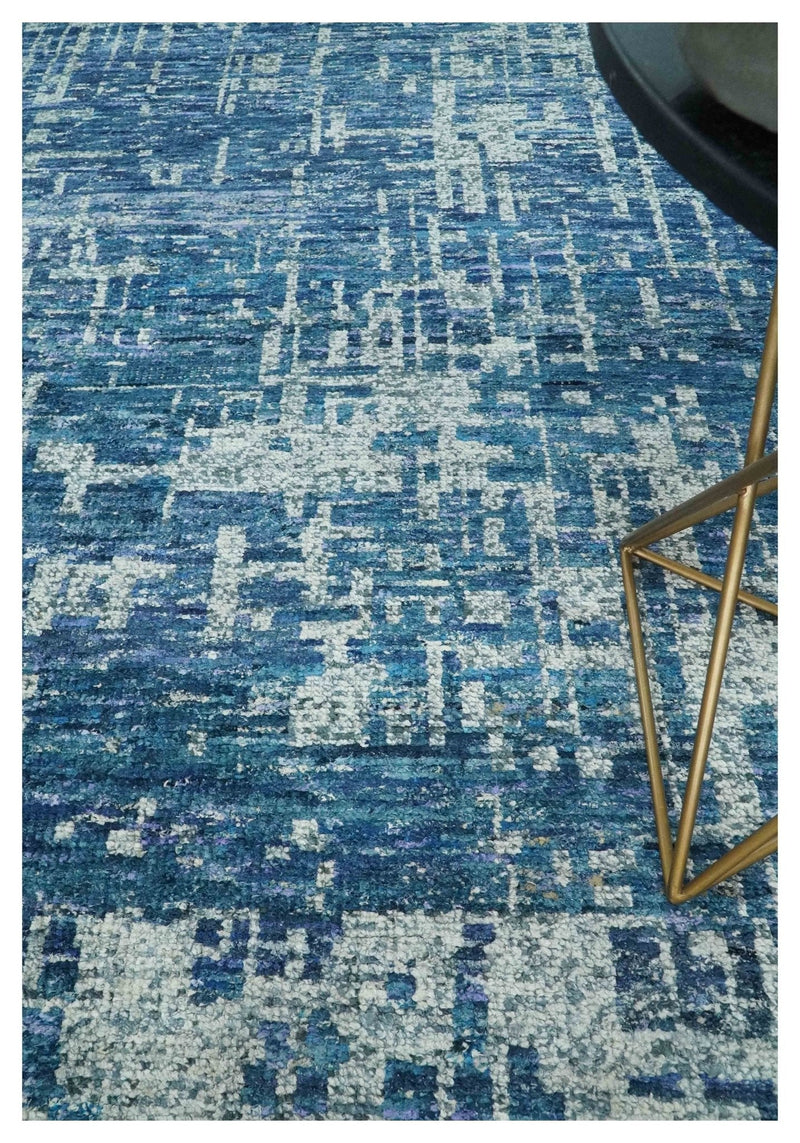 Hand Knotted Blue and Ivory Modern Abstract Contemporary Recycled Silk Area Rug