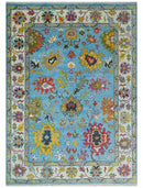 Custom Made Hand Knotted Vibrant colorful Blue and Ivory Traditional Oushak Wool Area Rug