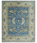 Hand Knotted Blue, Beige and Olive Oriental Oushak 8x10 Wool Area Rug by The Rug Decor