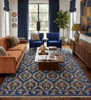Hand-Knotted Wool Area Rug - Blue Gold Moss Green Vintage Style
