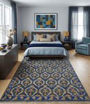 Hand-Knotted Wool Area Rug - Blue Gold Moss Green Vintage Style