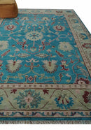 Hand Knotted Blue, Ivory and Maroon Oriental Oushak 9x12 Traditional Wool Area Rug by The Rug Decor
