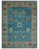 Hand Knotted Blue, Ivory and Maroon Oriental Oushak 9x12 Traditional Wool Area Rug by The Rug Decor