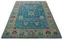 Hand Knotted Blue, Ivory and Maroon Oriental Oushak 9x12 Traditional Wool Area Rug by The Rug Decor