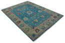Hand Knotted Blue, Ivory and Maroon Oriental Oushak 9x12 Traditional Wool Area Rug by The Rug Decor