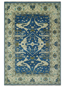 Hand Knotted Blue, Ivory and Olive 6x9 Oriental Oushak wool area rug by The Rug Decor