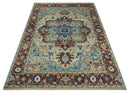 Hand Knotted Antique Blue Ivory Rust Persian Heriz Serapi Wool Rug 5x8 by The Rug Decor