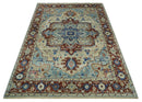 Hand Knotted Blue, Ivory and Rust Antique Persian Heriz Serapi Wool Rug, 5x8, 6x9, 8x10 and 9x12 Living Room Rug | TRD2559
