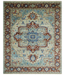 Hand Knotted Blue, Ivory and Rust Antique Persian Heriz Serapi Wool Rug, 5x8, 6x9, 8x10 and 9x12 Living Room Rug | TRD2559