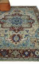 Hand Knotted Blue, Ivory and Rust Antique Persian Heriz Serapi Wool Rug, 5x8, 6x9, 8x10 and 9x12 Living Room Rug | TRD2559
