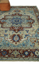 Hand Knotted Antique Blue Ivory Rust Persian Heriz Serapi Wool Rug 5x8 by The Rug Decor