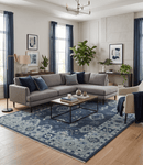 Wool Hand Knotted Oushak Area Rug - Blue Silver Ivory Traditional