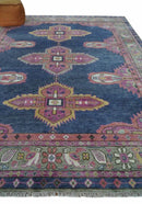 Hand Knotted Heriz Serapi Traditional Blue Silver Pink Wool Rug