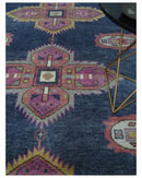 Hand Knotted Heriz Serapi Traditional Blue Silver Pink Wool Rug