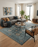 Wool Area Rug Hand Knotted Charcoal and Aqua Traditional Oushak
