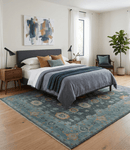 Wool Area Rug Hand Knotted Charcoal and Aqua Traditional Oushak