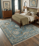 Hand-Knotted Wool Area Rug Blue and Beige Traditional Oushak Design by The Rug Decor