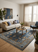 Blue and Silver Striking Oushak Wool Area Rug - Hand-Knotted