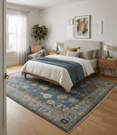 Blue and Silver Striking Oushak Wool Area Rug - Hand-Knotted